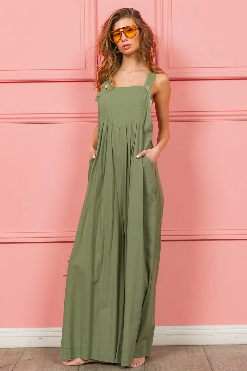 BiBi Ruched Wide Leg Overalls with Pockets by Trendsi