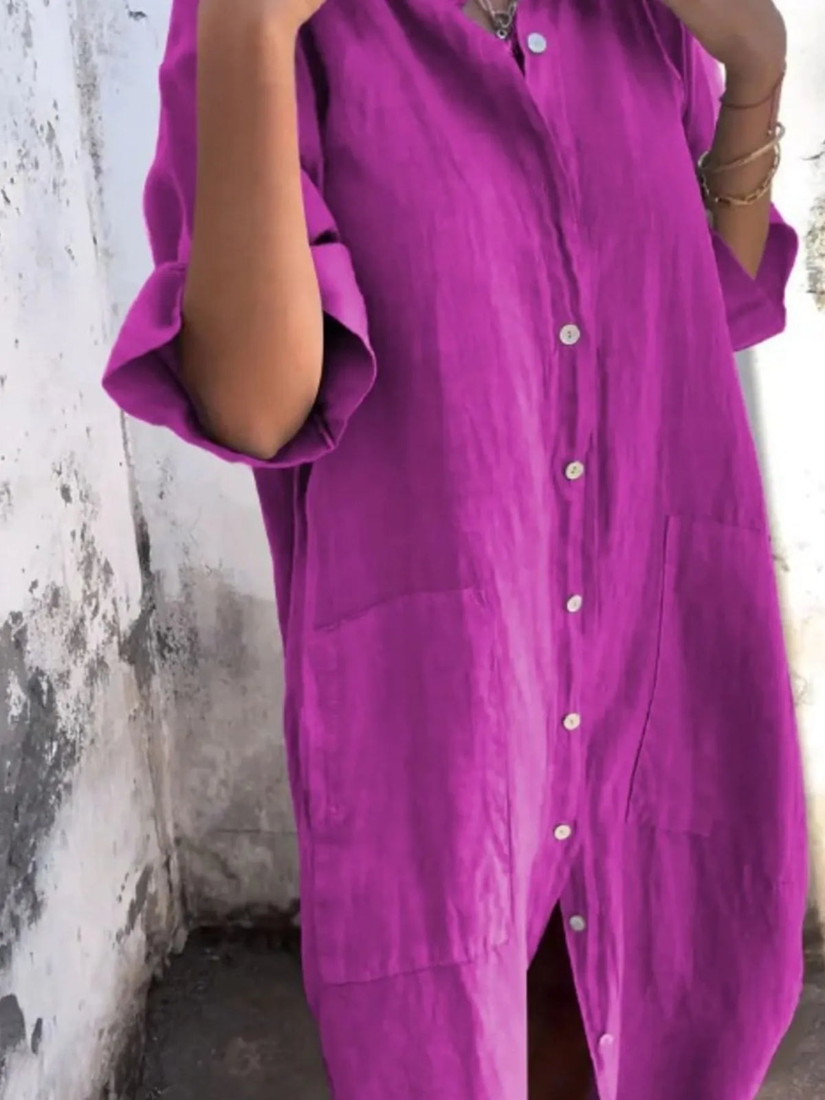 Full Size Casual Linen Button-Down Shirt Dress Plus Size by Trendsi
