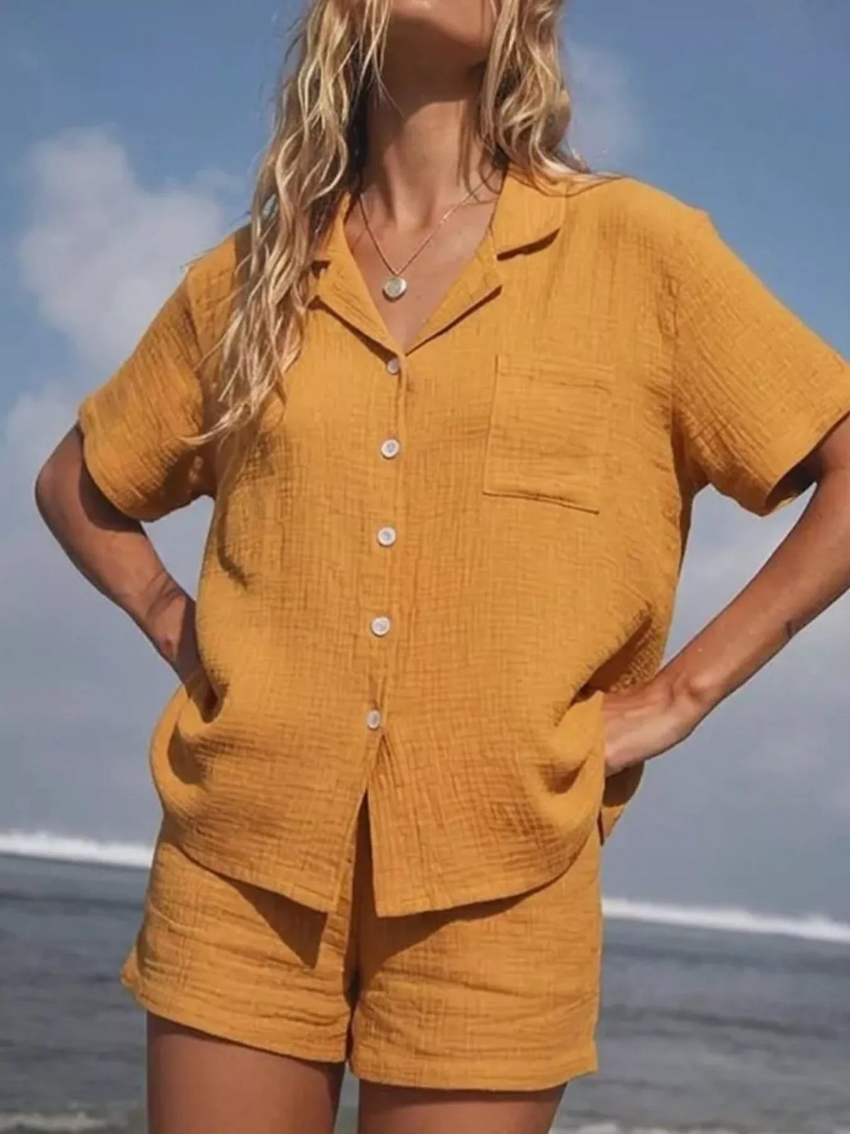 Button Up Short Sleeve Shirt and Shorts Set by Trendsi