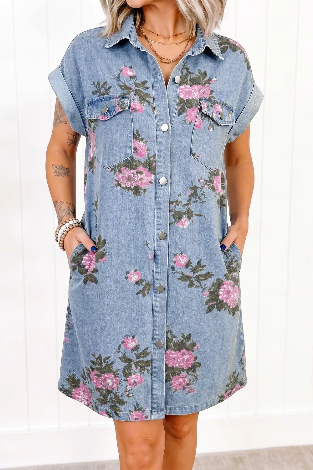 Floral Print Denim Shirt Dress by Trendsi