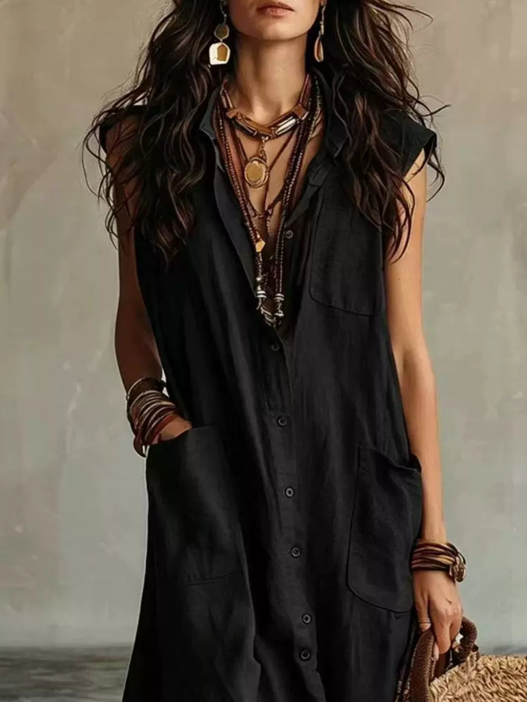 Sleeveless Button-Down Linen Maxi Dress by Trendsi