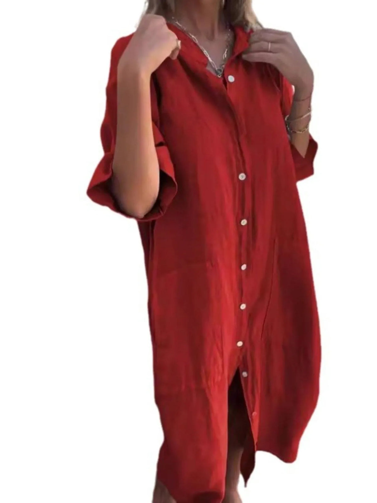 Full Size Casual Linen Button-Down Shirt Dress Plus Size by Trendsi