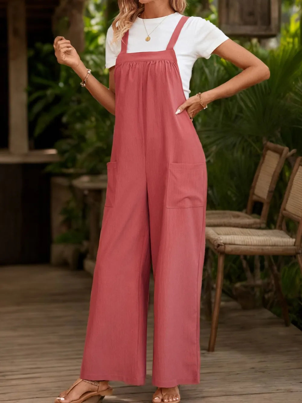 Perfee Square Neck Wide Strap Overalls by Trendsi