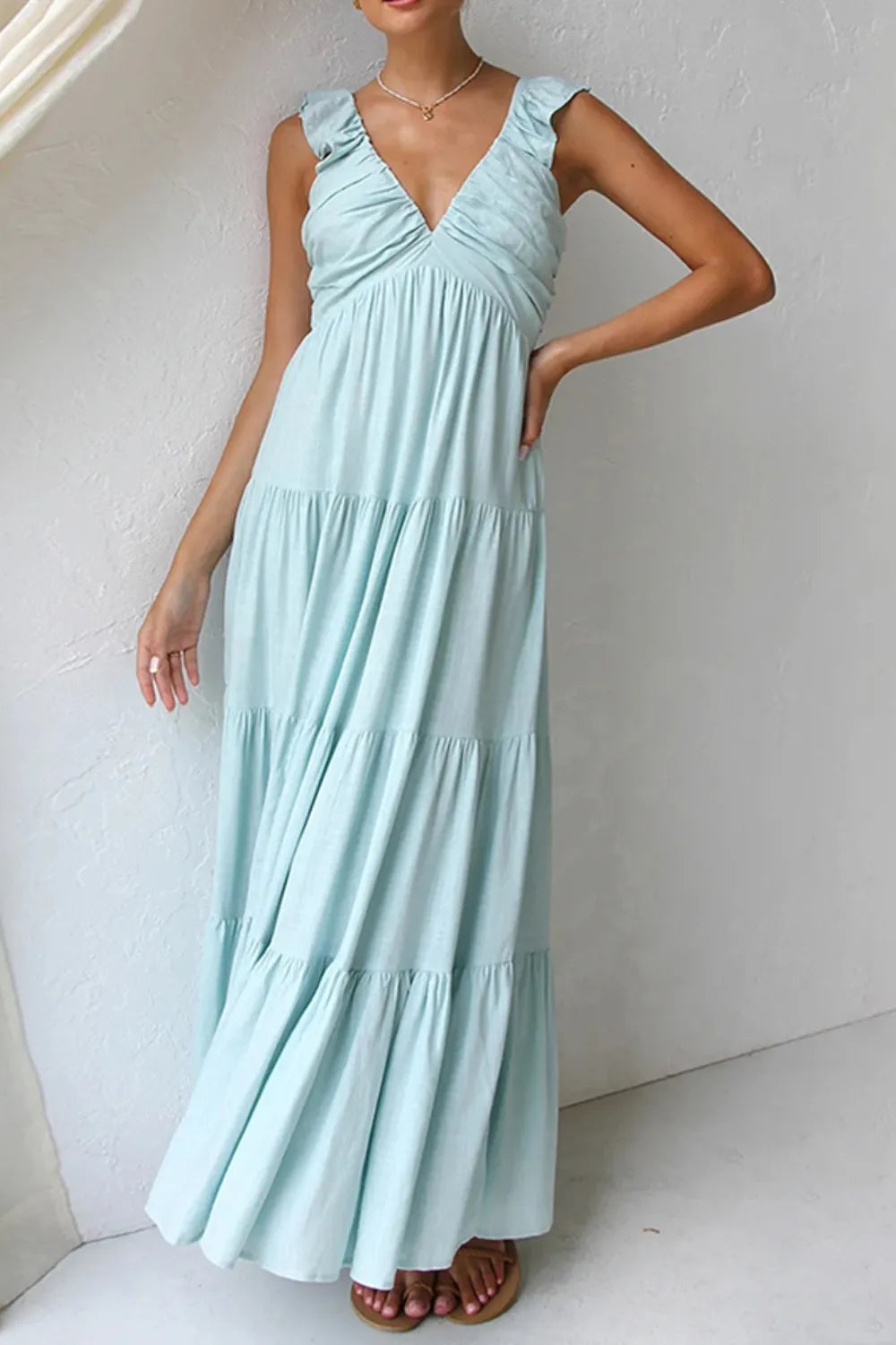 Ruffled V-Neck Tiered Dress by Trendsi