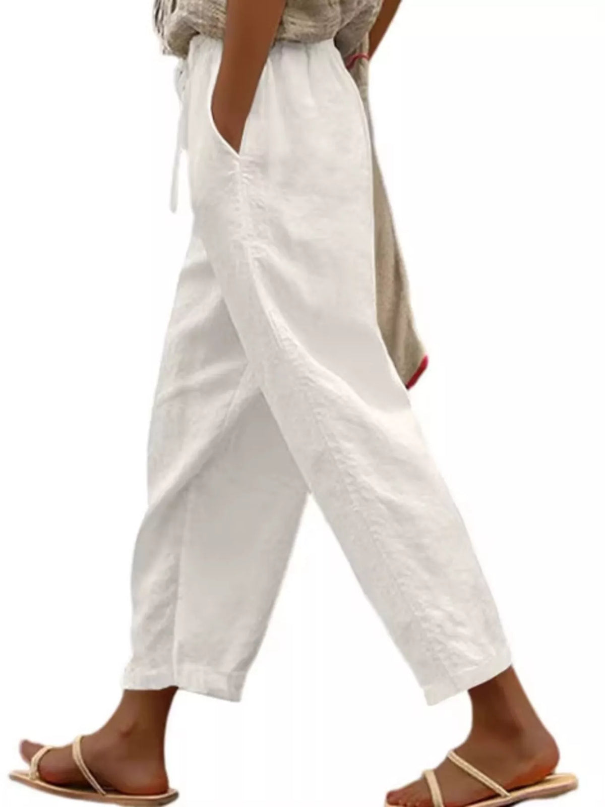 Casual Linen Drawstring Cropped Pants by Trendsi