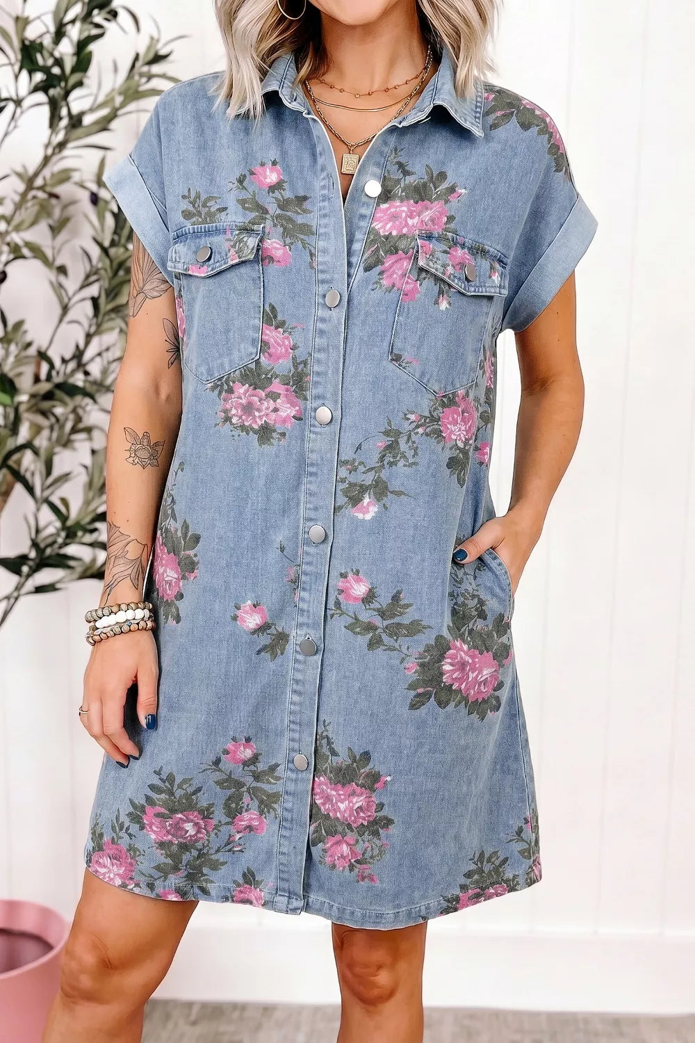Floral Print Denim Shirt Dress by Trendsi
