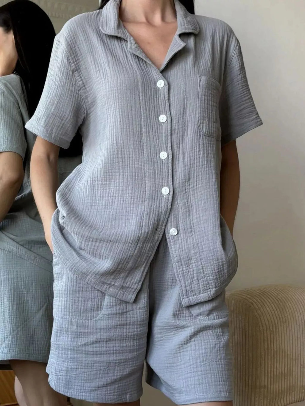 Button Up Short Sleeve Shirt and Shorts Set by Trendsi
