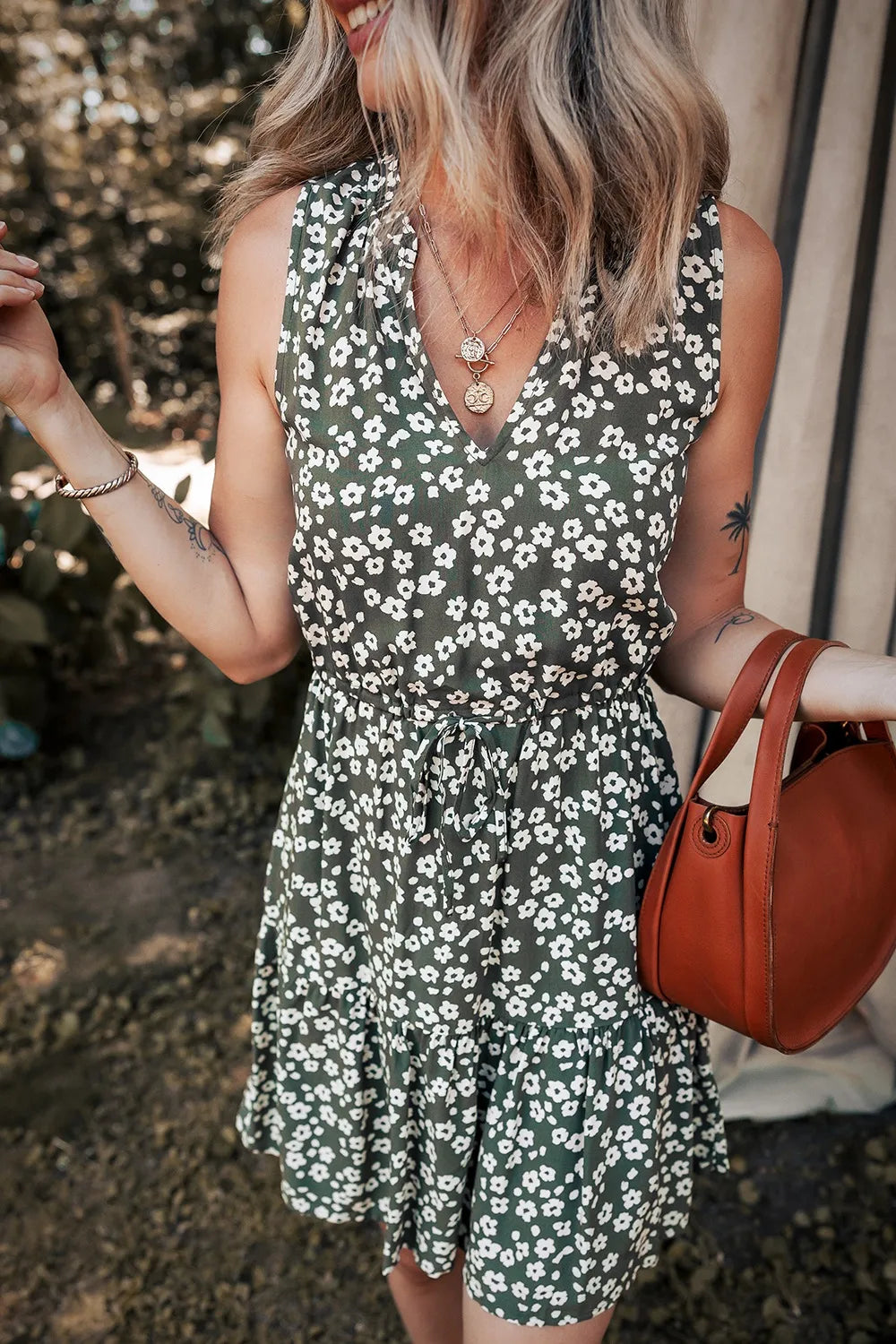 Boho Floral Print V Neck Tunic Sleeveless Dress by Trendsi
