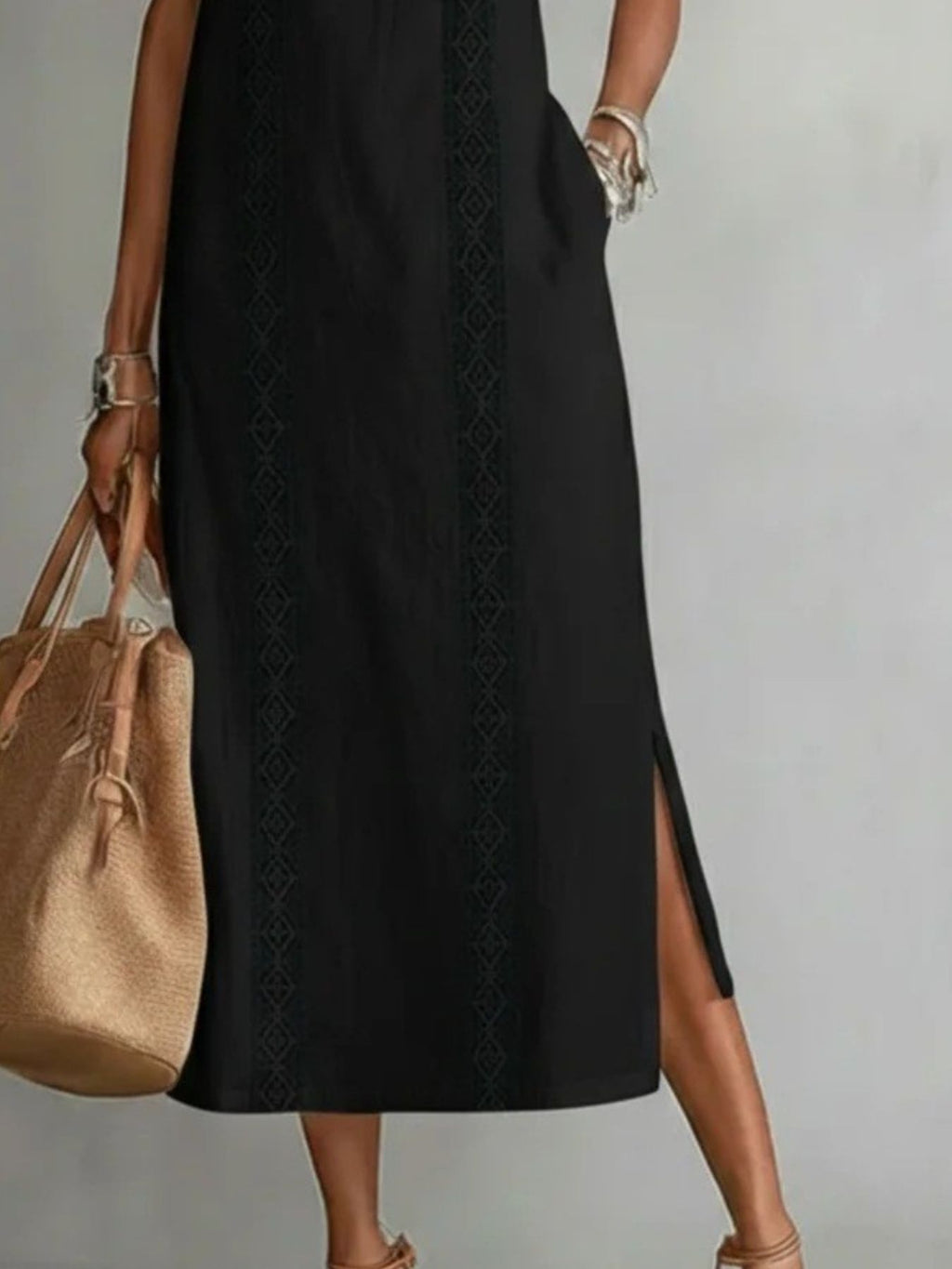 Side Slit Sleeveless Hollow-Out Trimmed Midi Dress by Trendsi
