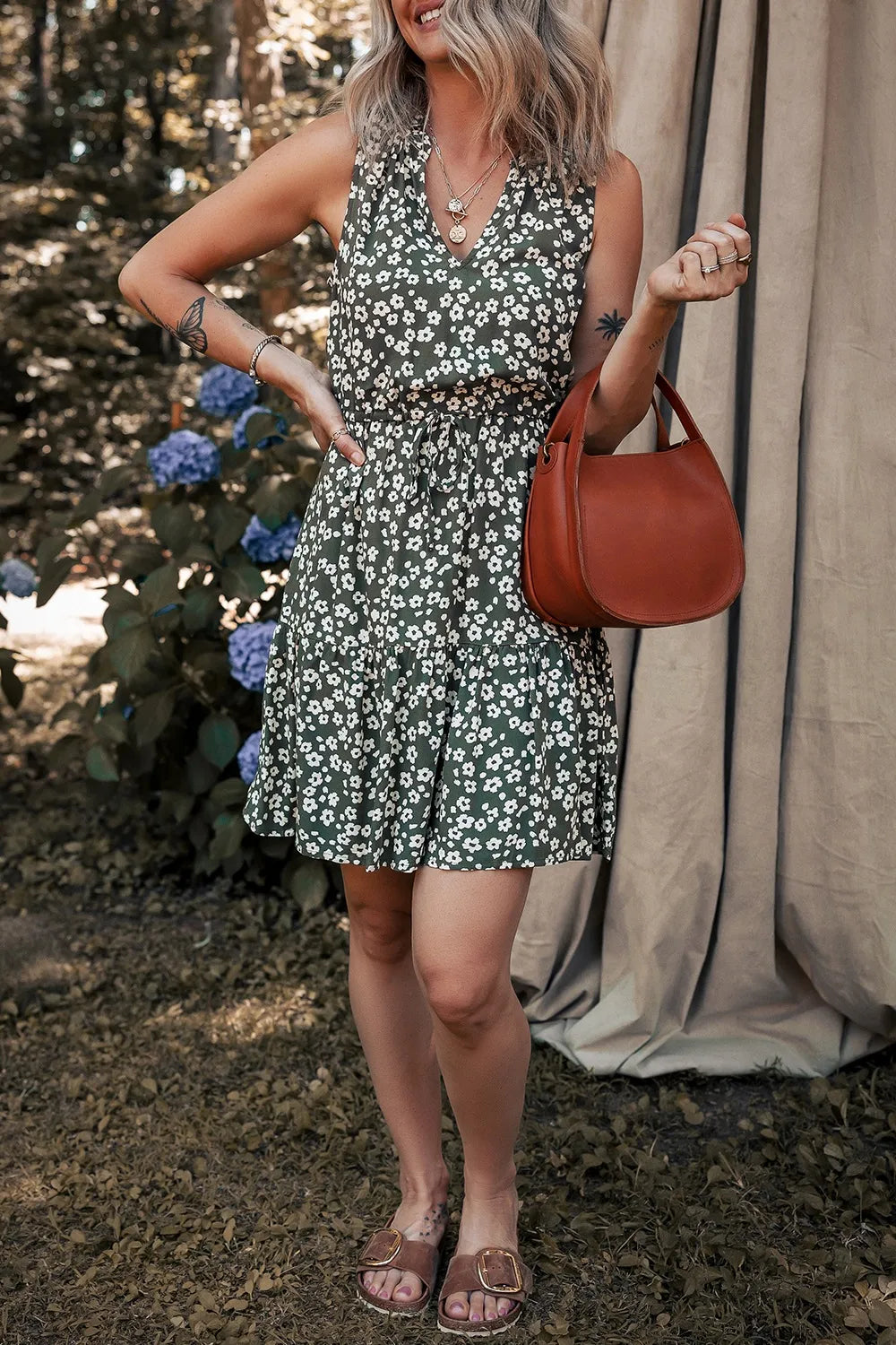 Boho Floral Print V Neck Tunic Sleeveless Dress by Trendsi