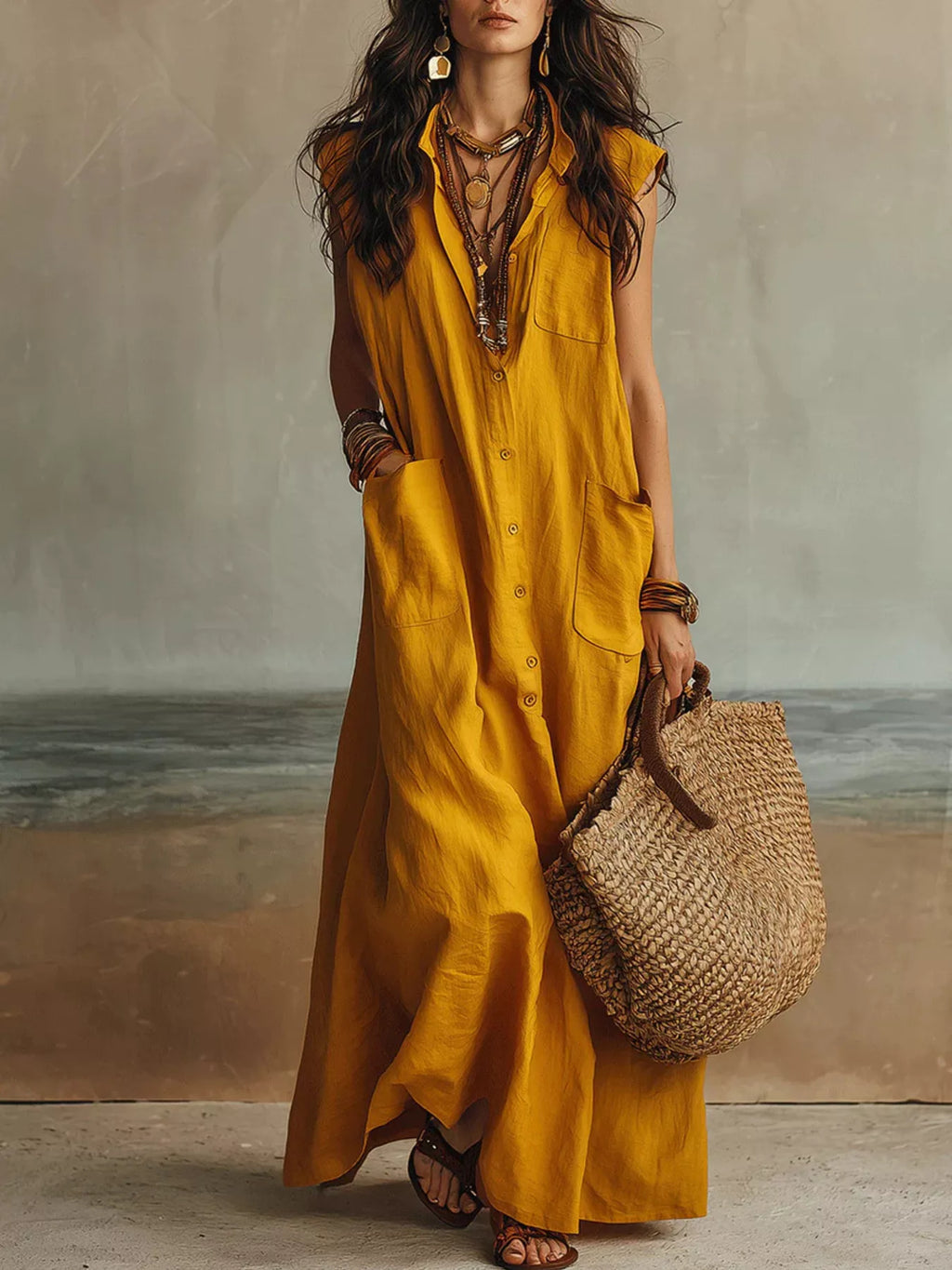 Sleeveless Button-Down Linen Maxi Dress by Trendsi
