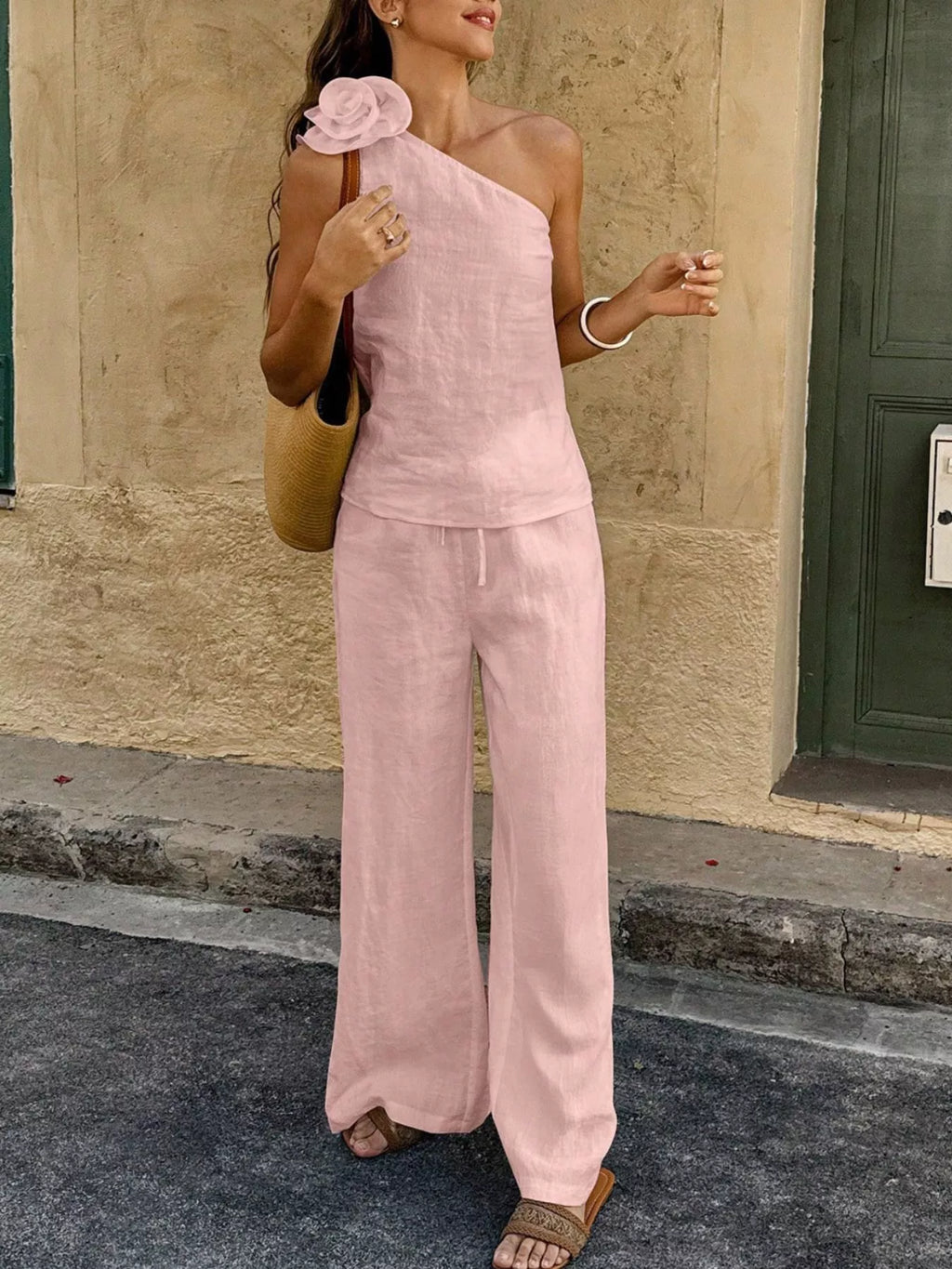 One-Shoulder Floral Embellished Top and Pants Set by Trendsi
