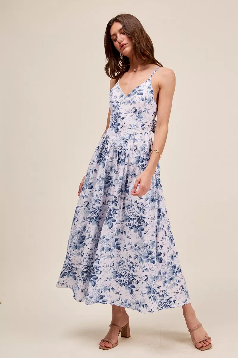 SO ME Floral Woven V Neck Dress With Back Ribbon Tie by Trendsi