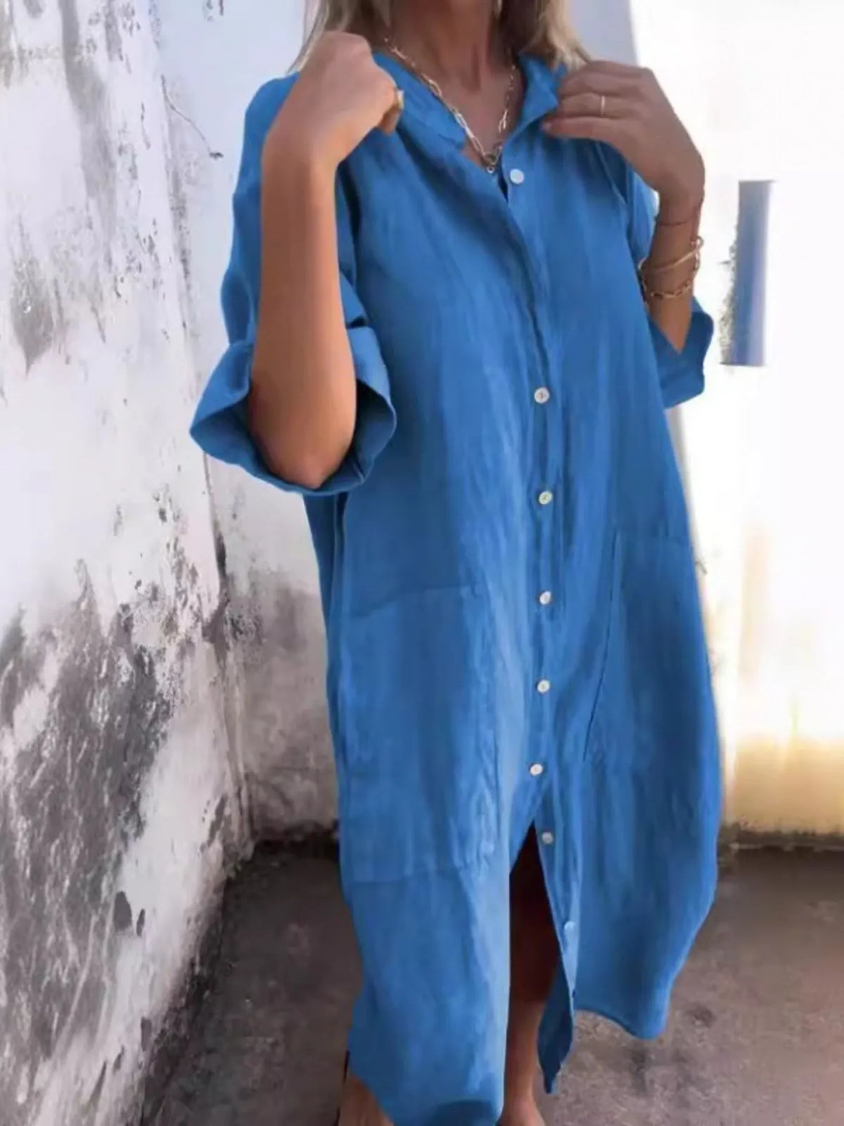 Full Size Casual Linen Button-Down Shirt Dress Plus Size by Trendsi