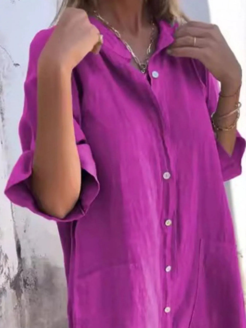 Full Size Casual Linen Button-Down Shirt Dress Plus Size by Trendsi