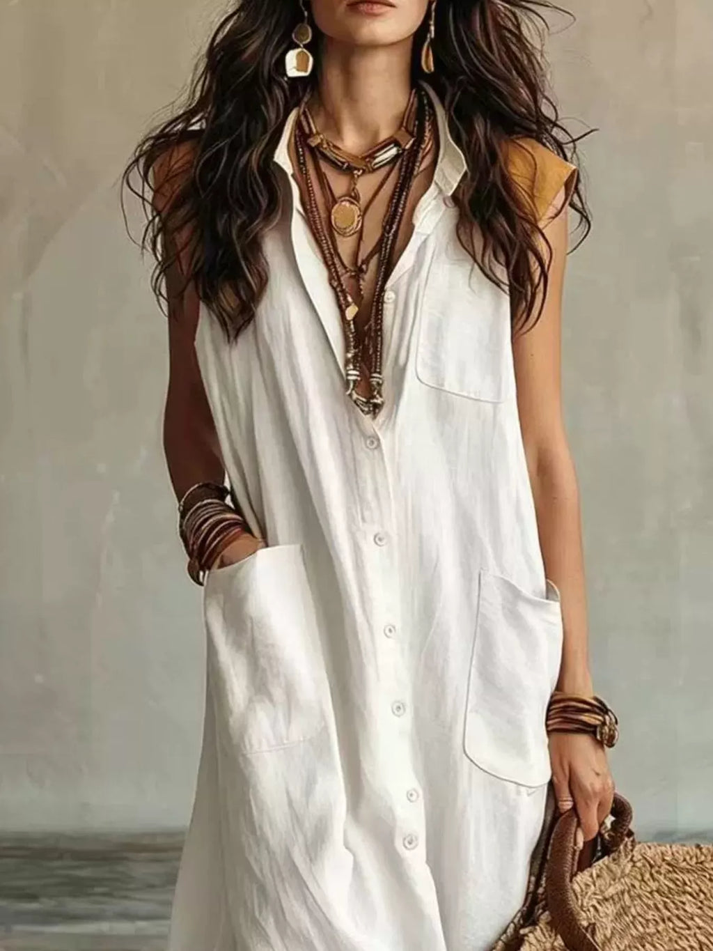 Sleeveless Button-Down Linen Maxi Dress by Trendsi