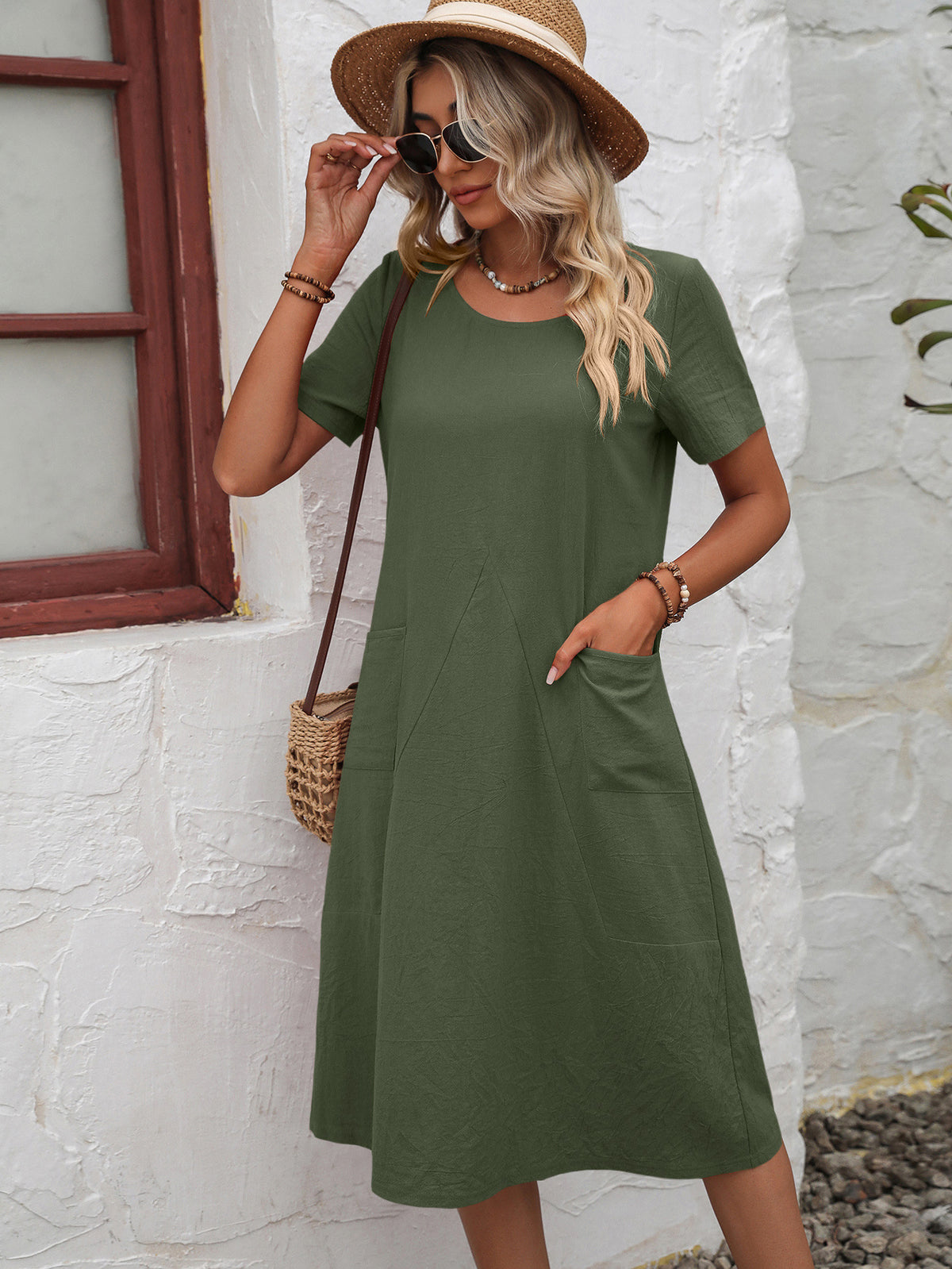 Ivy Lane Round Neck Short Sleeve Dress with Pockets by Trendsi