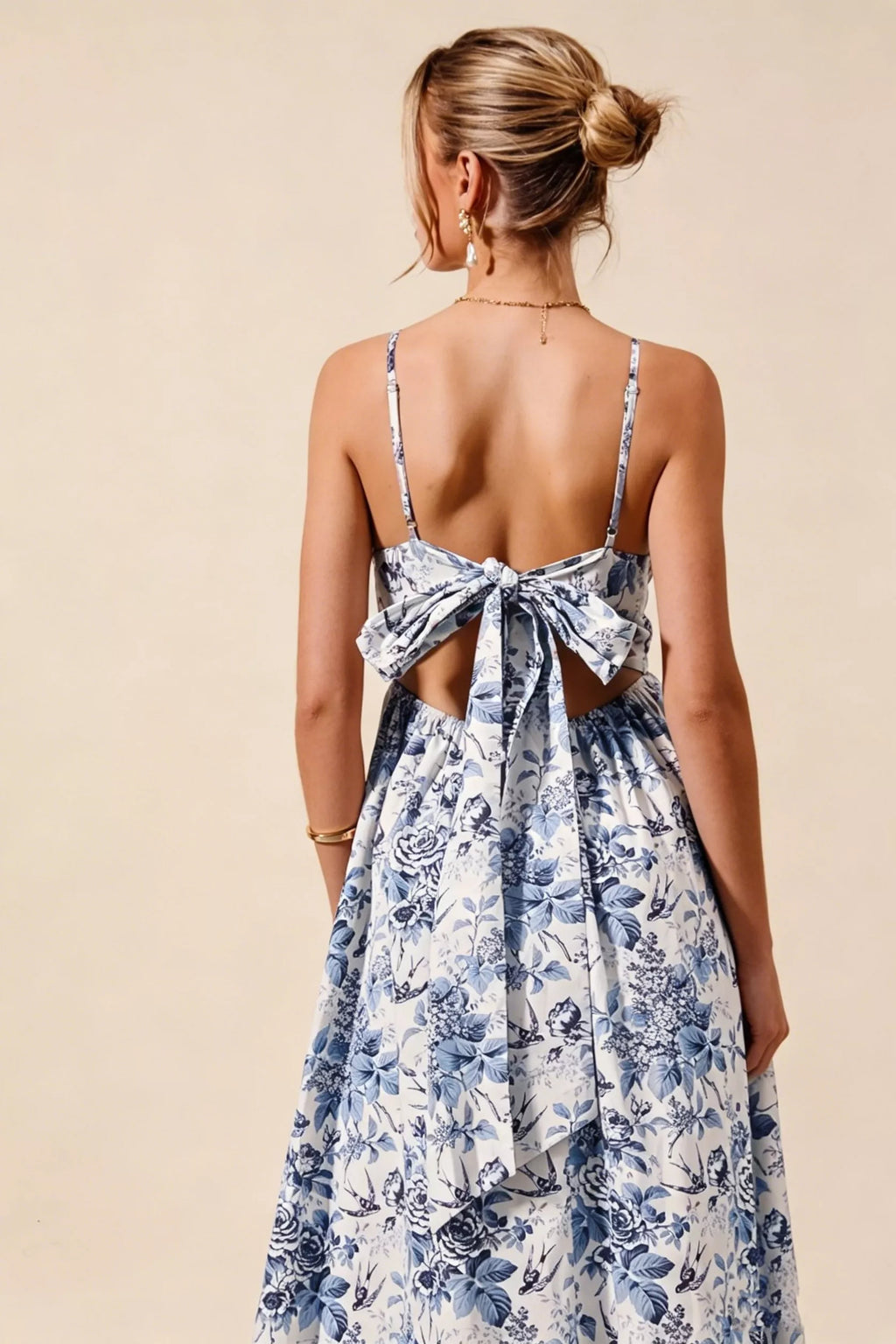 SO ME Floral Woven V Neck Dress With Back Ribbon Tie by Trendsi