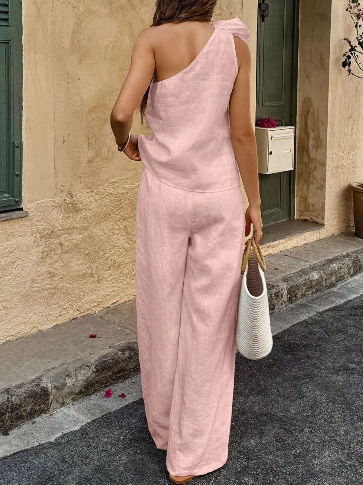 One-Shoulder Floral Embellished Top and Pants Set by Trendsi