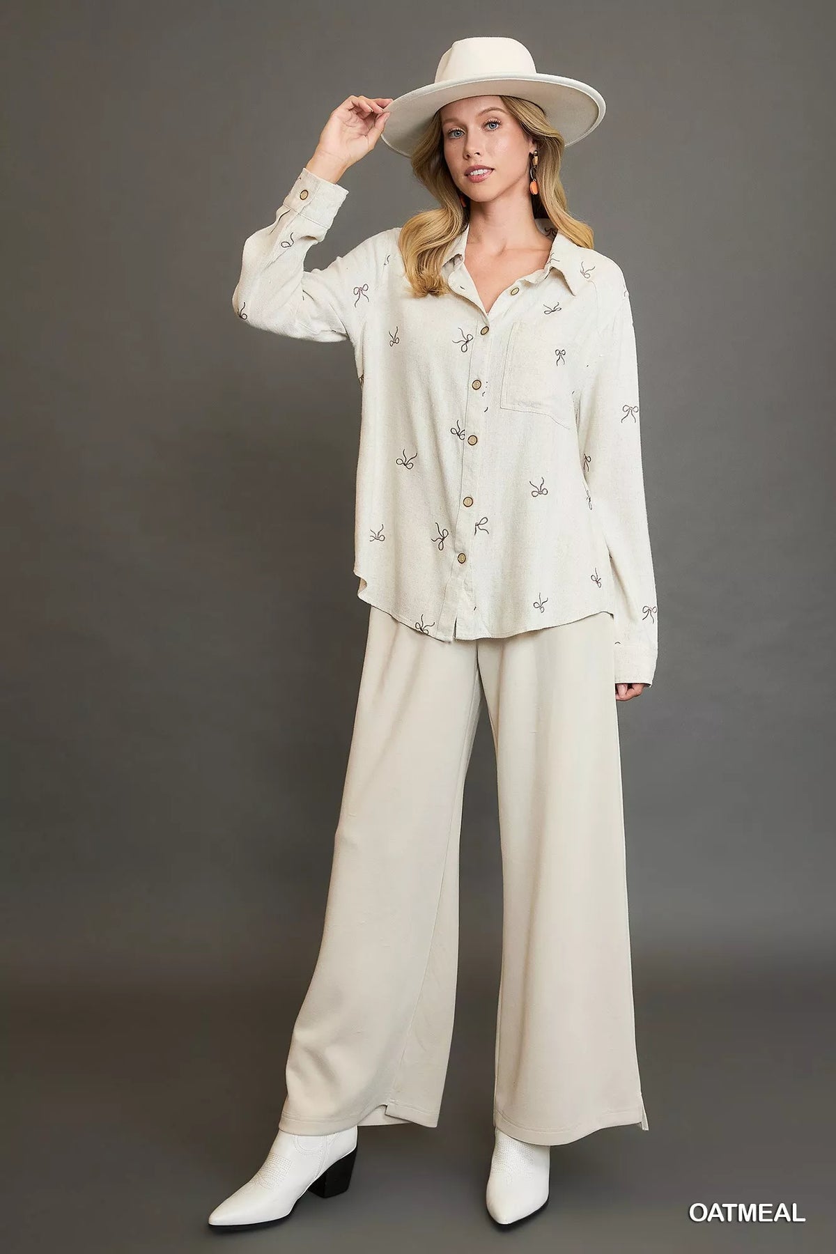 Umgee Linen Blend Fitted Shirt with Ribbon Embroidery Details by Trendsi