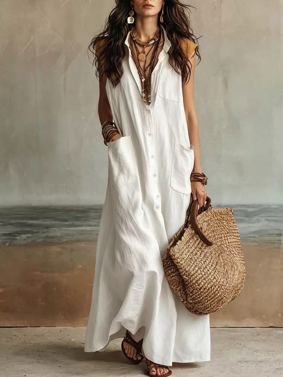 Sleeveless Button-Down Linen Maxi Dress by Trendsi