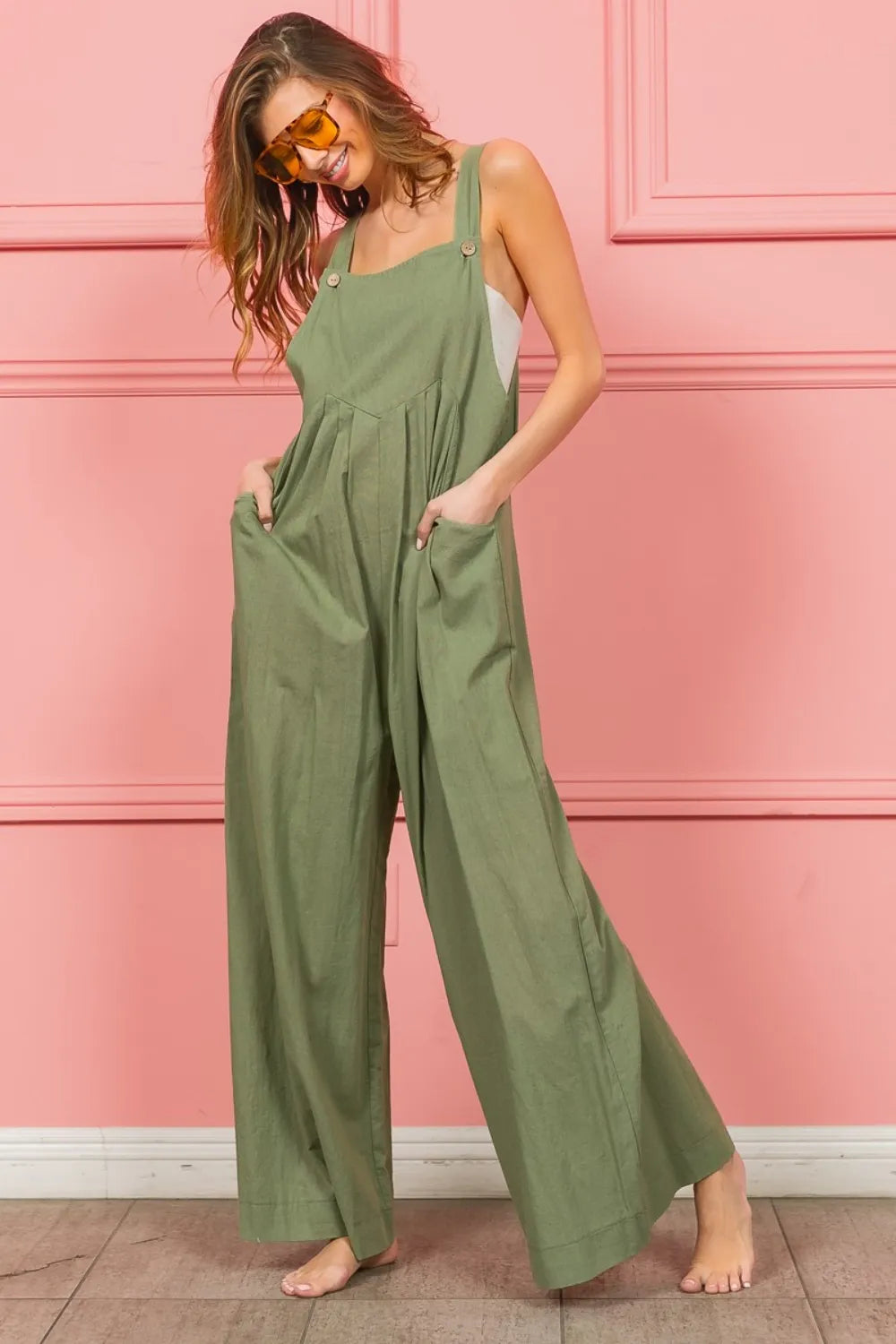 BiBi Ruched Wide Leg Overalls with Pockets by Trendsi