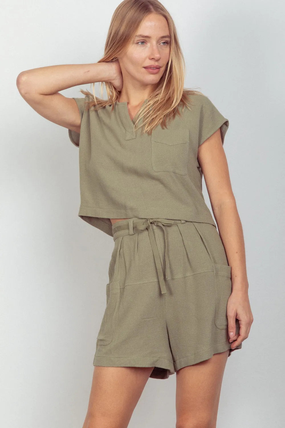 VERY J Woven Cropped Top & Waist Tie Shorts Set by Trendsi