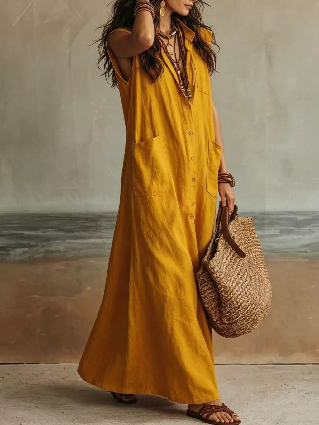 Sleeveless Button-Down Linen Maxi Dress by Trendsi