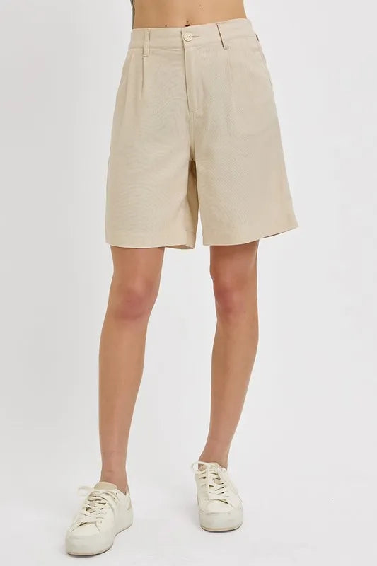 RISEN High Rise Pleated Front Shorts by Trendsi