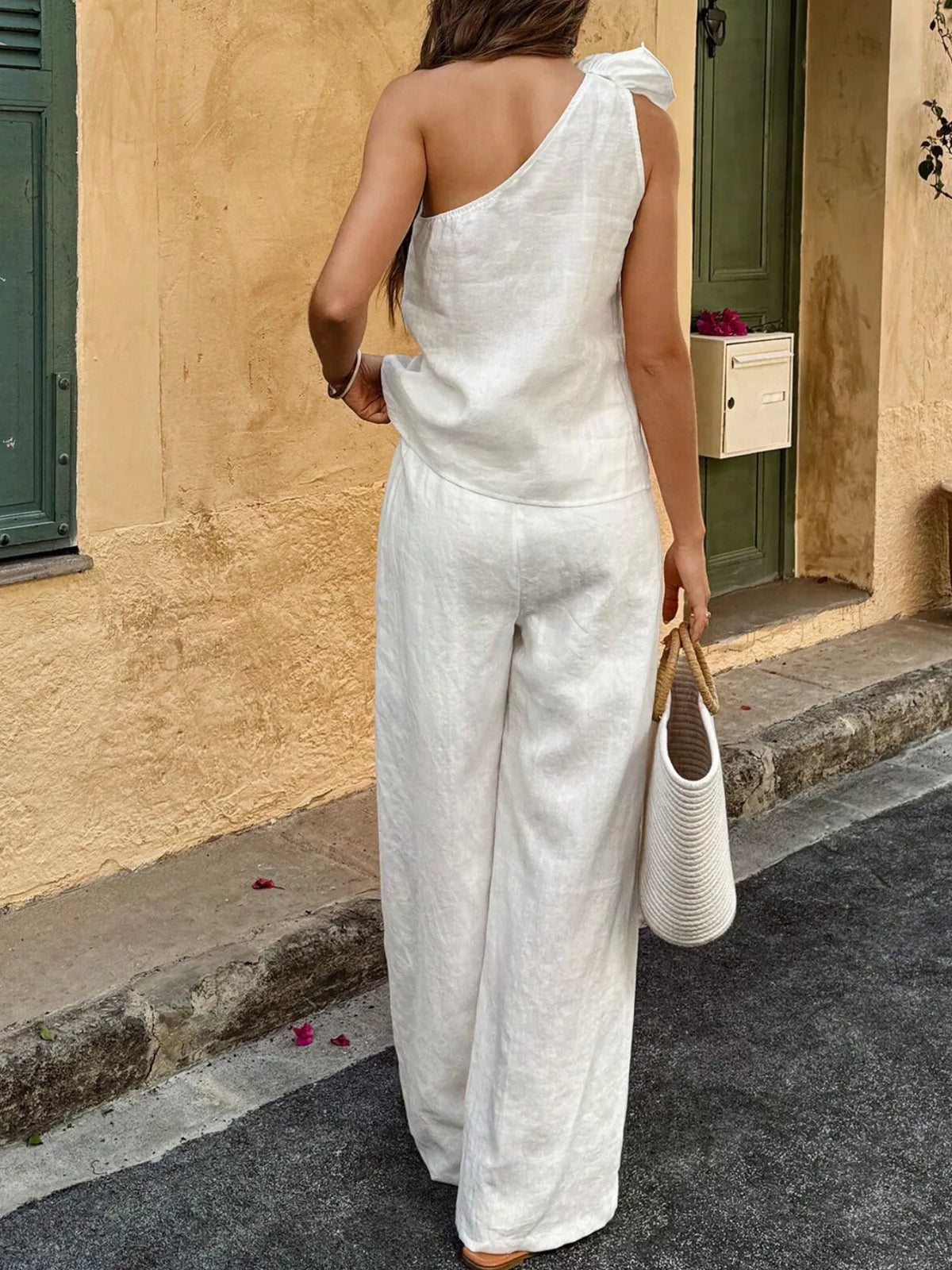 One-Shoulder Floral Embellished Top and Pants Set by Trendsi