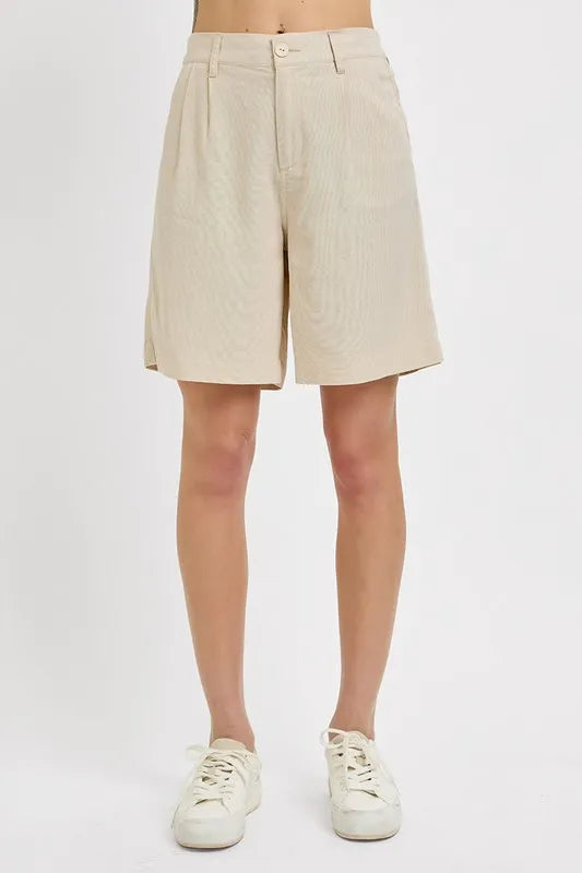RISEN High Rise Pleated Front Shorts by Trendsi
