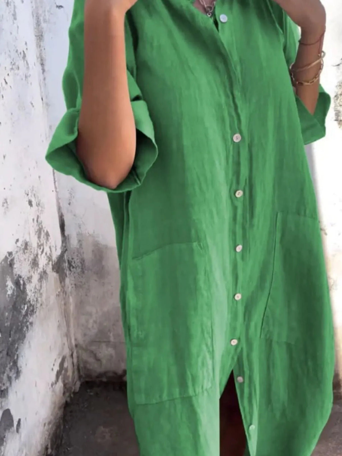 Full Size Casual Linen Button-Down Shirt Dress Plus Size by Trendsi