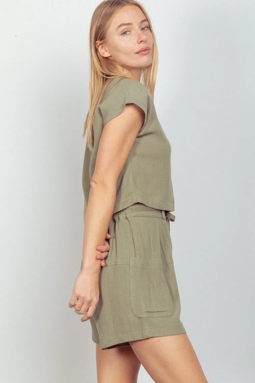 VERY J Woven Cropped Top & Waist Tie Shorts Set by Trendsi