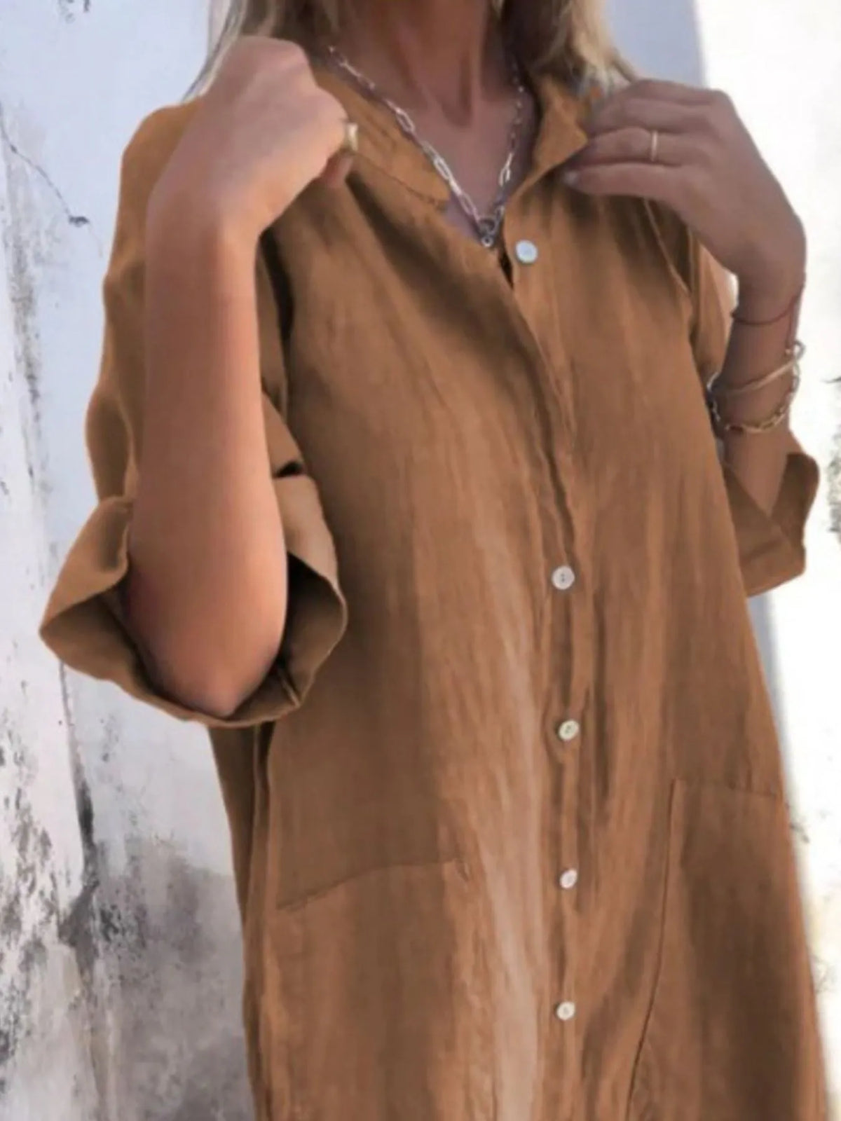 Full Size Casual Linen Button-Down Shirt Dress Plus Size by Trendsi