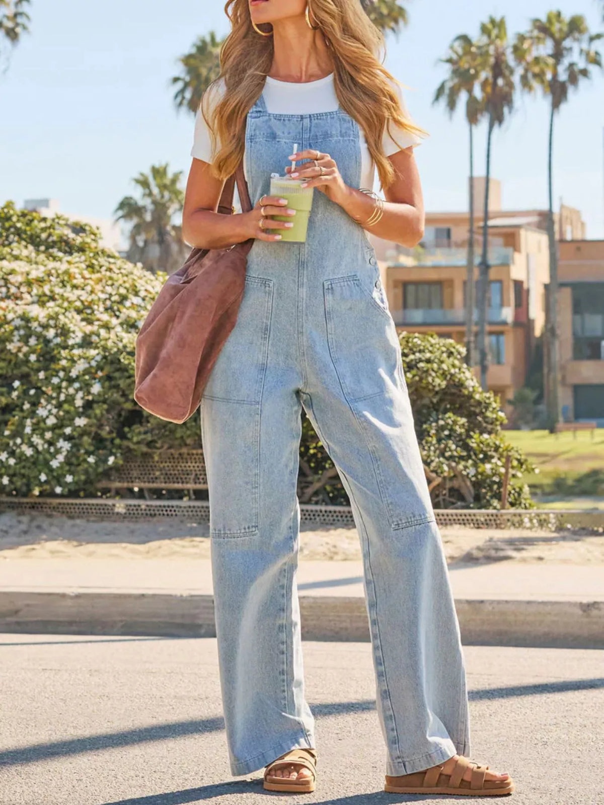 Wash Wide-Leg Denim Overalls by Trendsi