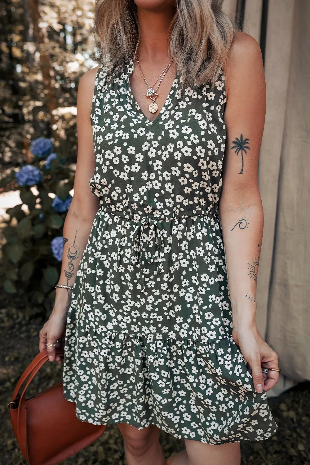 Boho Floral Print V Neck Tunic Sleeveless Dress by Trendsi