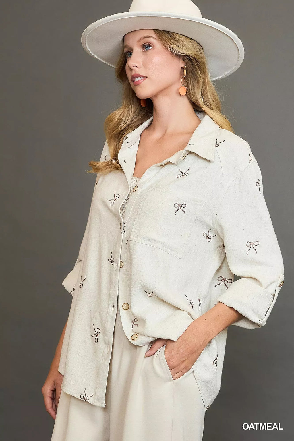 Umgee Linen Blend Fitted Shirt with Ribbon Embroidery Details by Trendsi