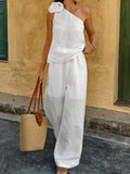 One-Shoulder Floral Embellished Top and Pants Set by Trendsi