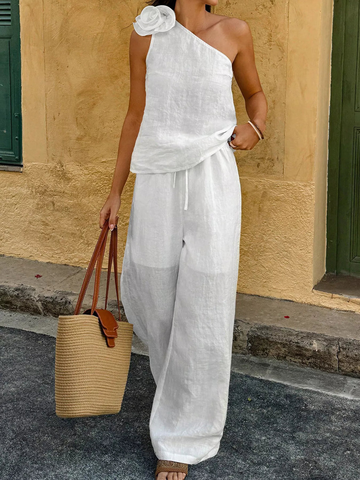 One-Shoulder Floral Embellished Top and Pants Set by Trendsi
