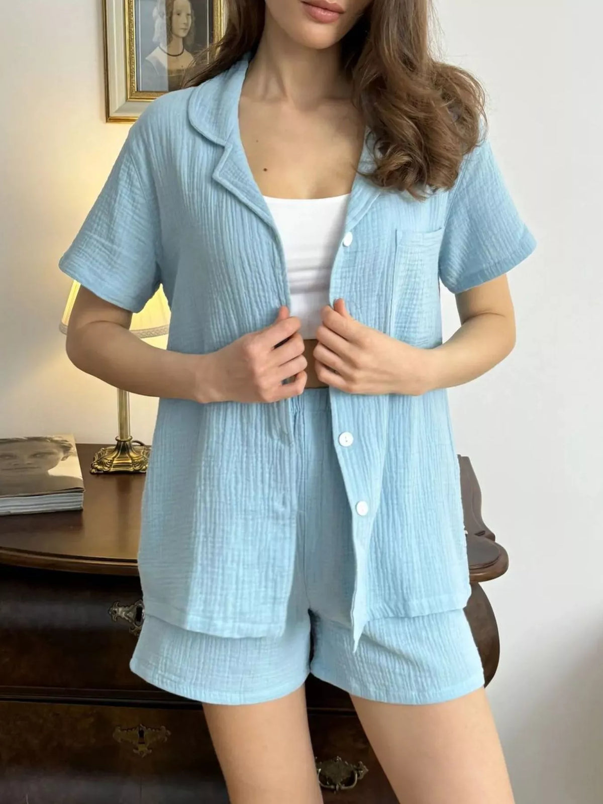 Button Up Short Sleeve Shirt and Shorts Set by Trendsi