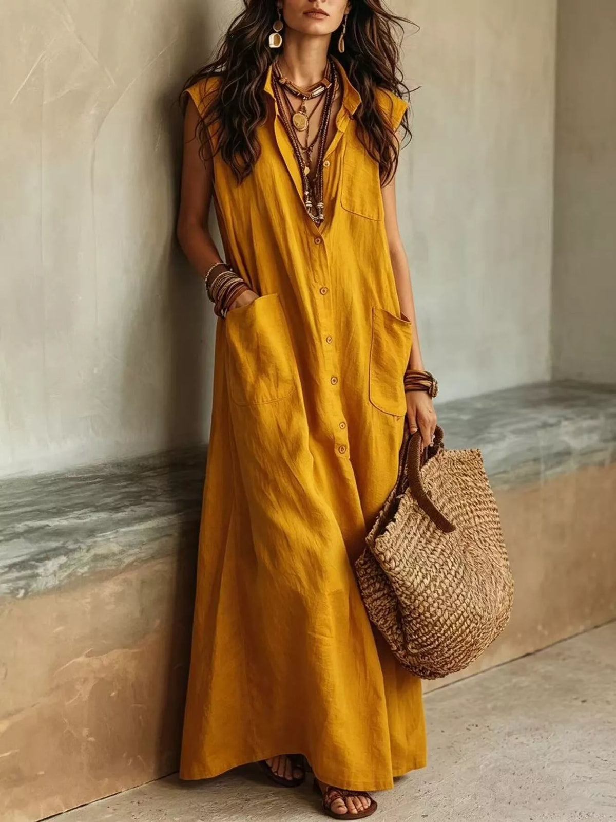 Sleeveless Button-Down Linen Maxi Dress by Trendsi