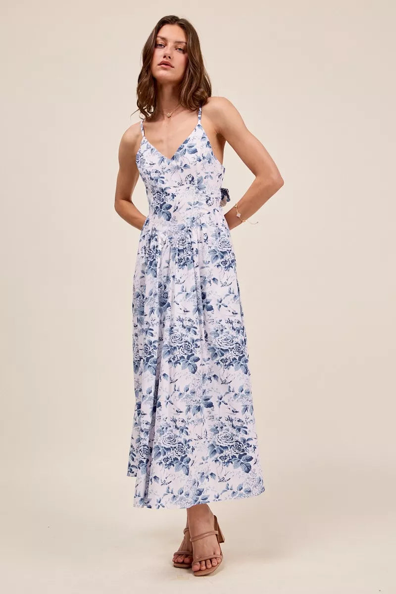 SO ME Floral Woven V Neck Dress With Back Ribbon Tie by Trendsi