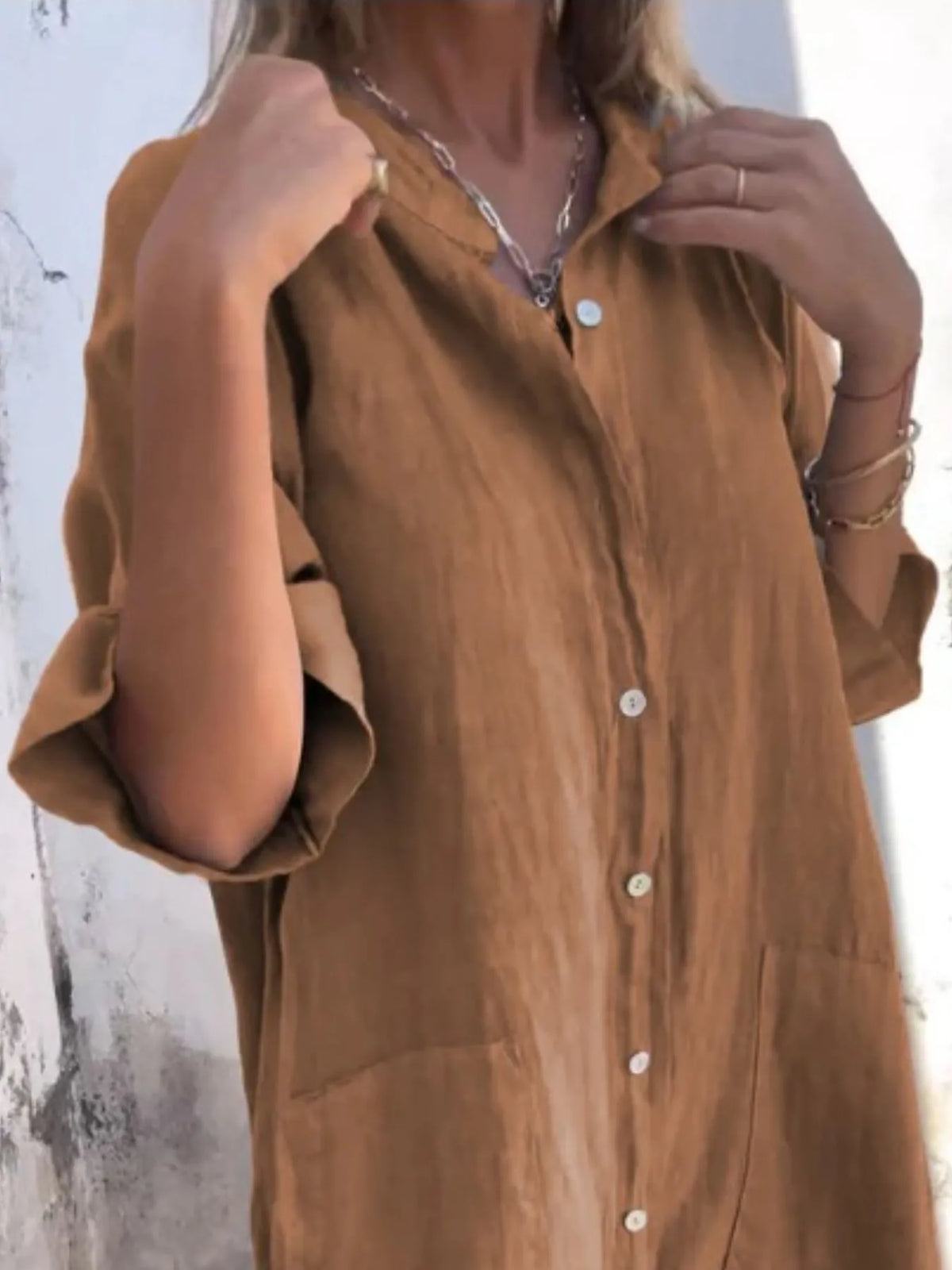 Full Size Casual Linen Button-Down Shirt Dress Plus Size by Trendsi