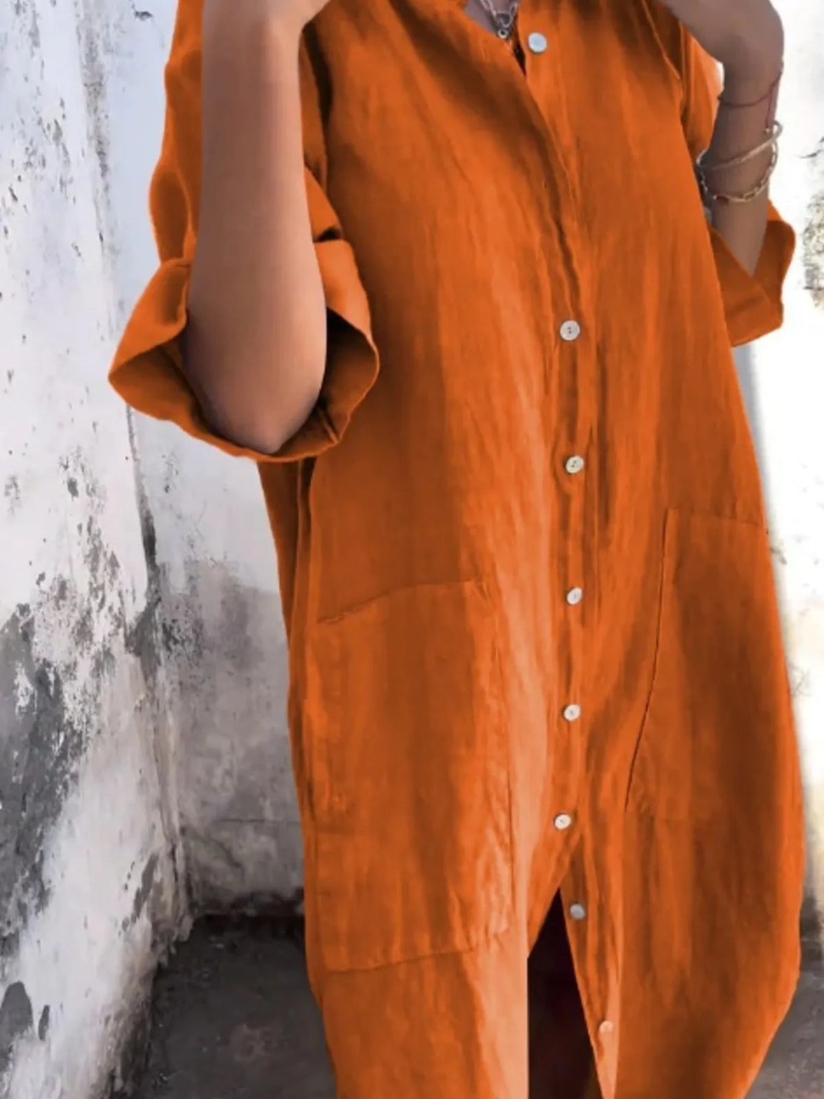 Full Size Casual Linen Button-Down Shirt Dress Plus Size by Trendsi