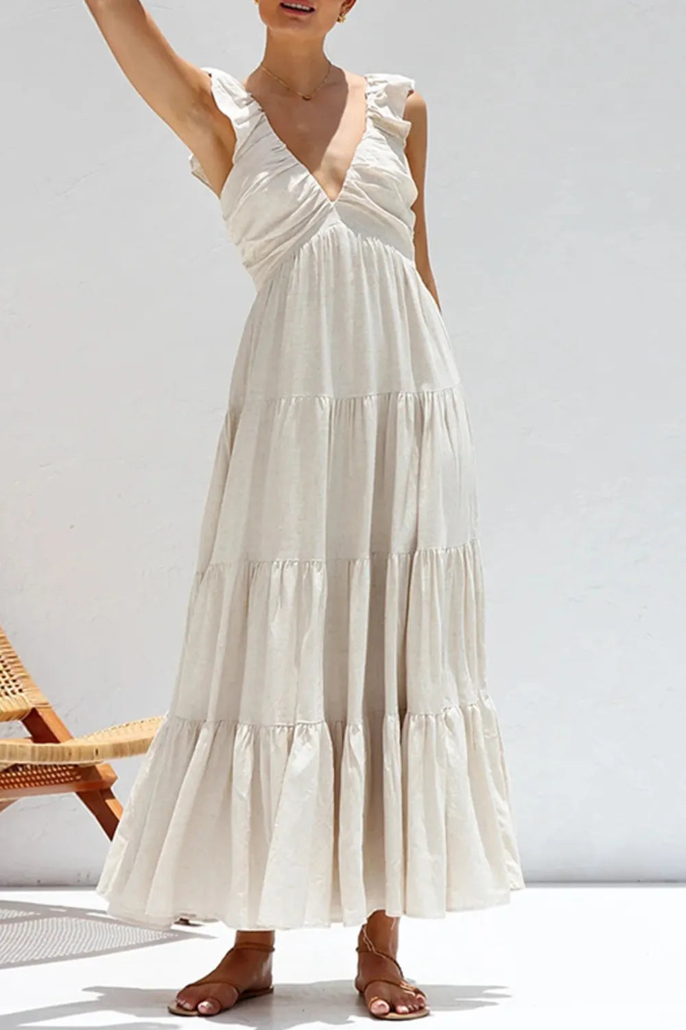 Ruffled V-Neck Tiered Dress by Trendsi