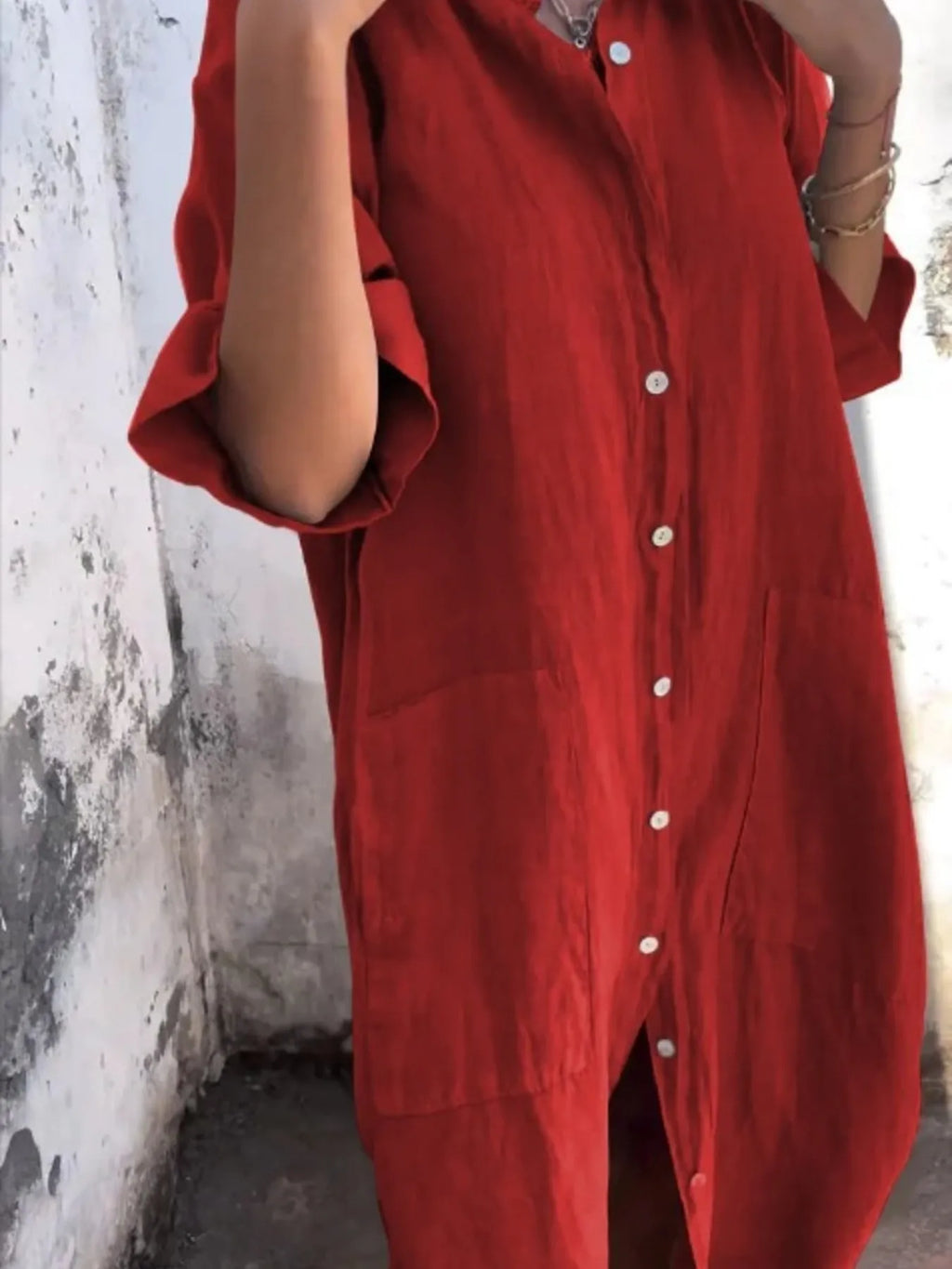Full Size Casual Linen Button-Down Shirt Dress Plus Size by Trendsi