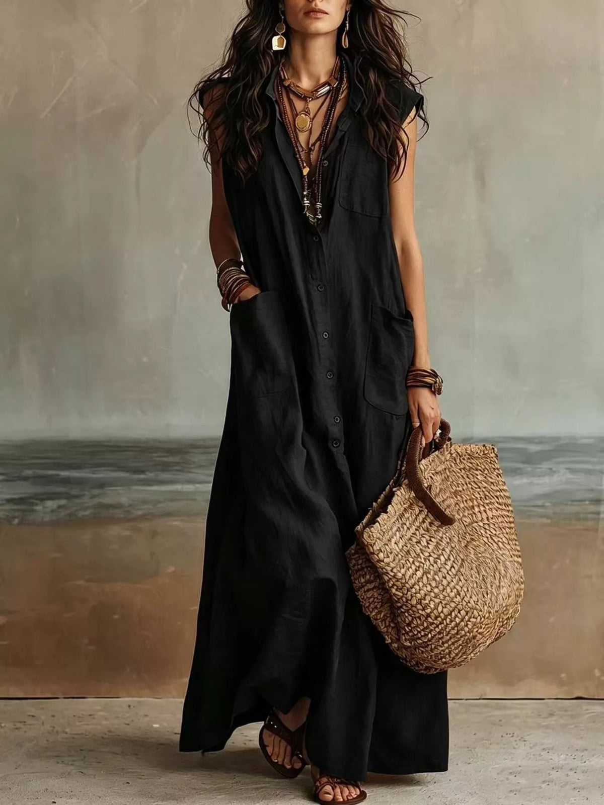 Sleeveless Button-Down Linen Maxi Dress by Trendsi