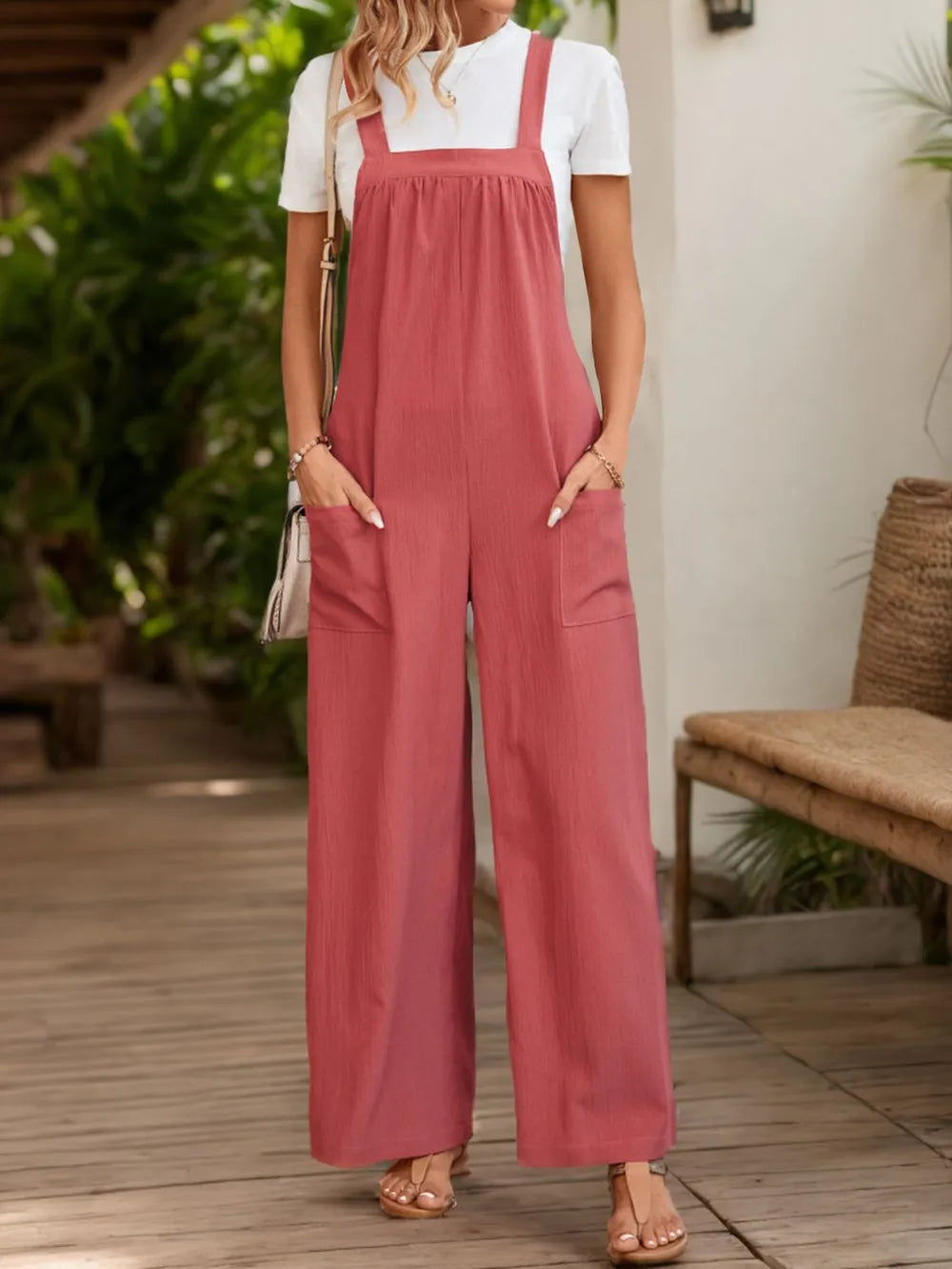 Perfee Square Neck Wide Strap Overalls by Trendsi