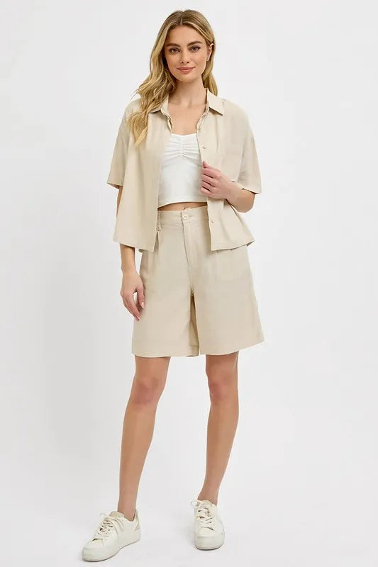 RISEN High Rise Pleated Front Shorts by Trendsi