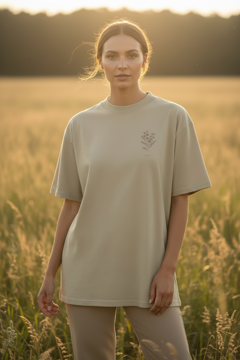Unisex organic oversized high neck t-shirt- Acacia Flower by Rooted Wellness